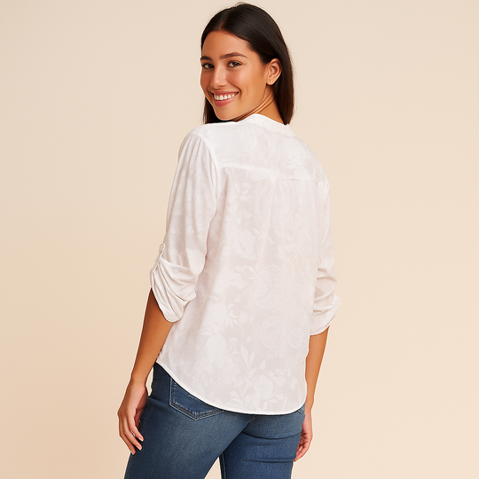 V-Neck Blouse with Roll-Tab Sleeves for Women