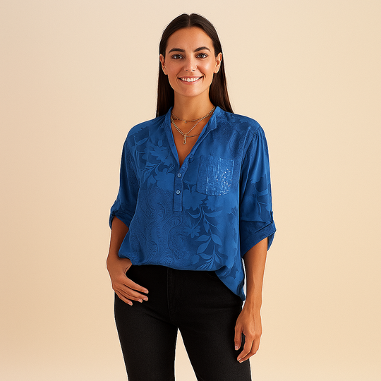 V-Neck Blouse with Roll-Tab Sleeves for Women