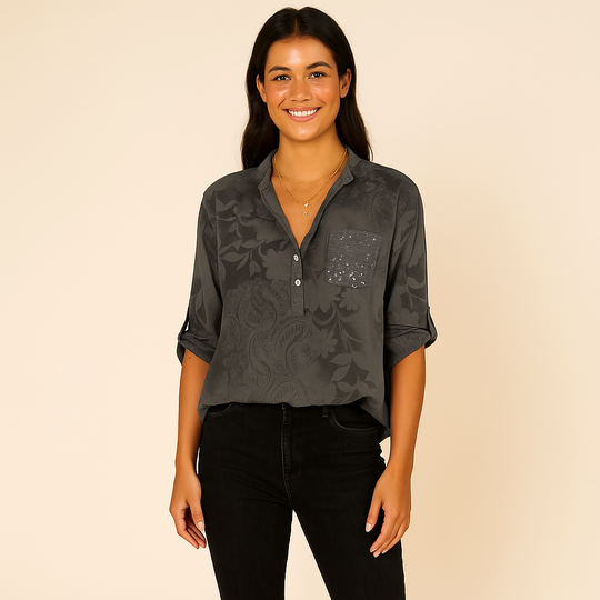 V-Neck Blouse with Roll-Tab Sleeves for Women