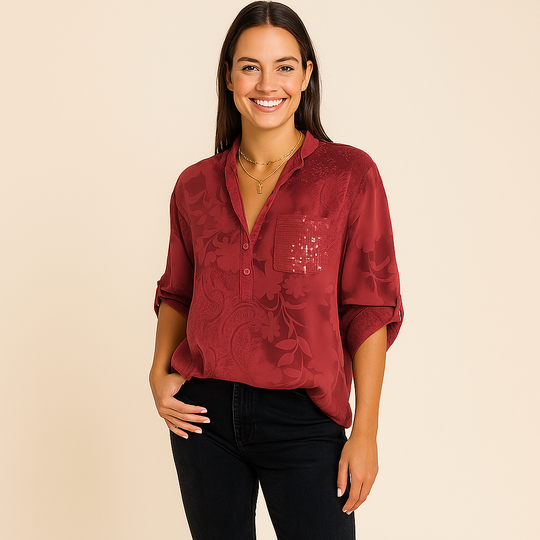 V-Neck Blouse with Roll-Tab Sleeves for Women