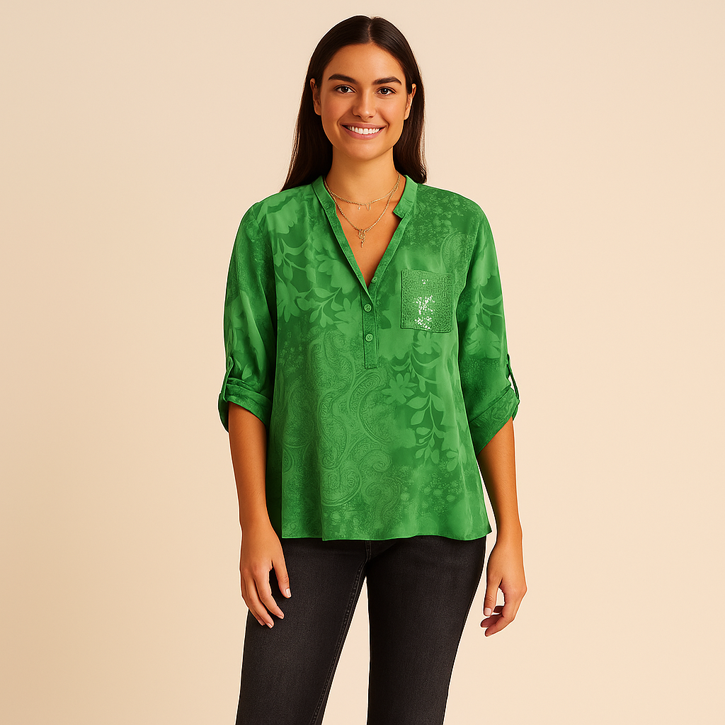 V-Neck Blouse with Roll-Tab Sleeves for Women