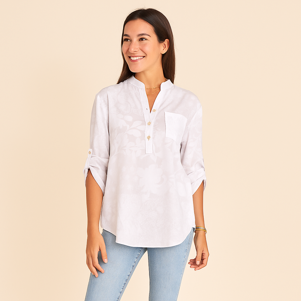 V-Neck Blouse with Roll-Tab Sleeves for Women