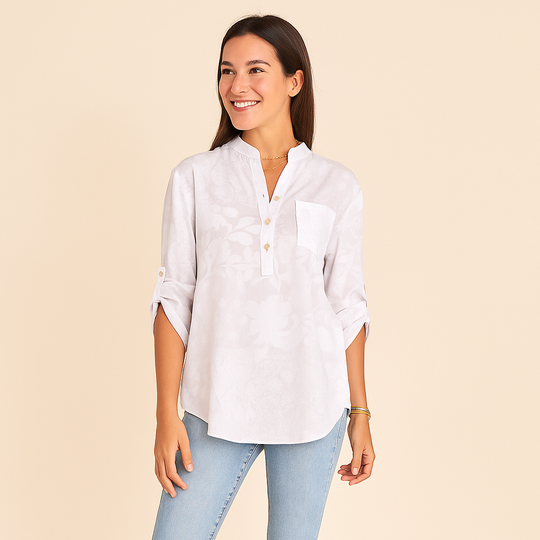 V-Neck Blouse with Roll-Tab Sleeves for Women