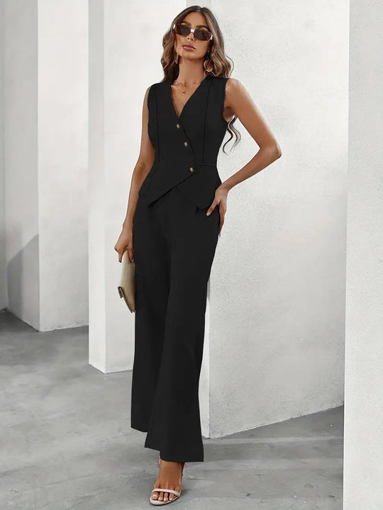 Two-Piece Waistcoat and Trousers Set with Asymmetric Front – Women’s Style
