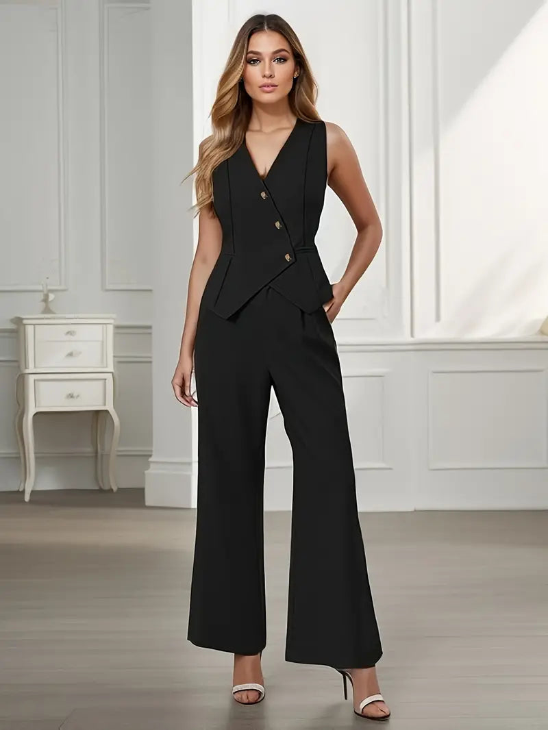 Two-Piece Waistcoat and Trousers Set with Asymmetric Front – Women’s Style