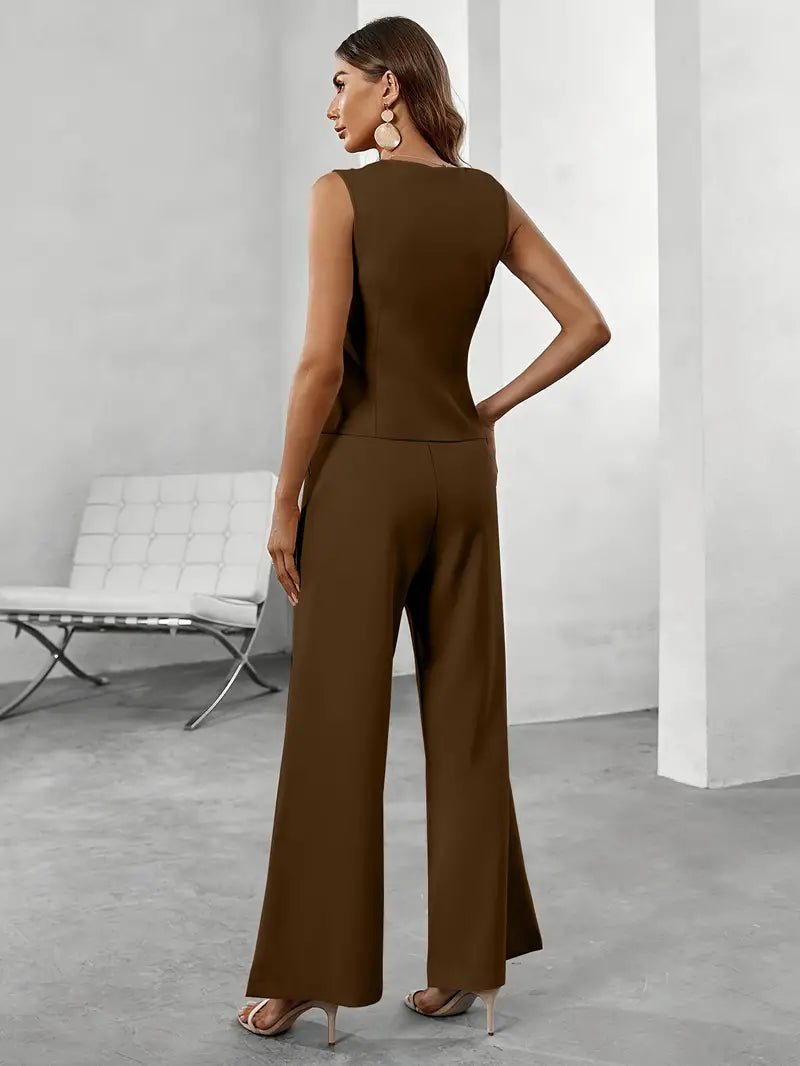Two-Piece Waistcoat and Trousers Set with Asymmetric Front – Women’s Style