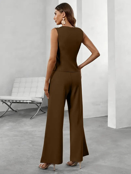 Two-Piece Waistcoat and Trousers Set with Asymmetric Front – Women’s Style