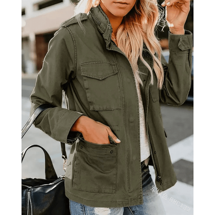 Utility Jacket with Flap Pockets and Elastic Waist – Women's Fit for Autumn