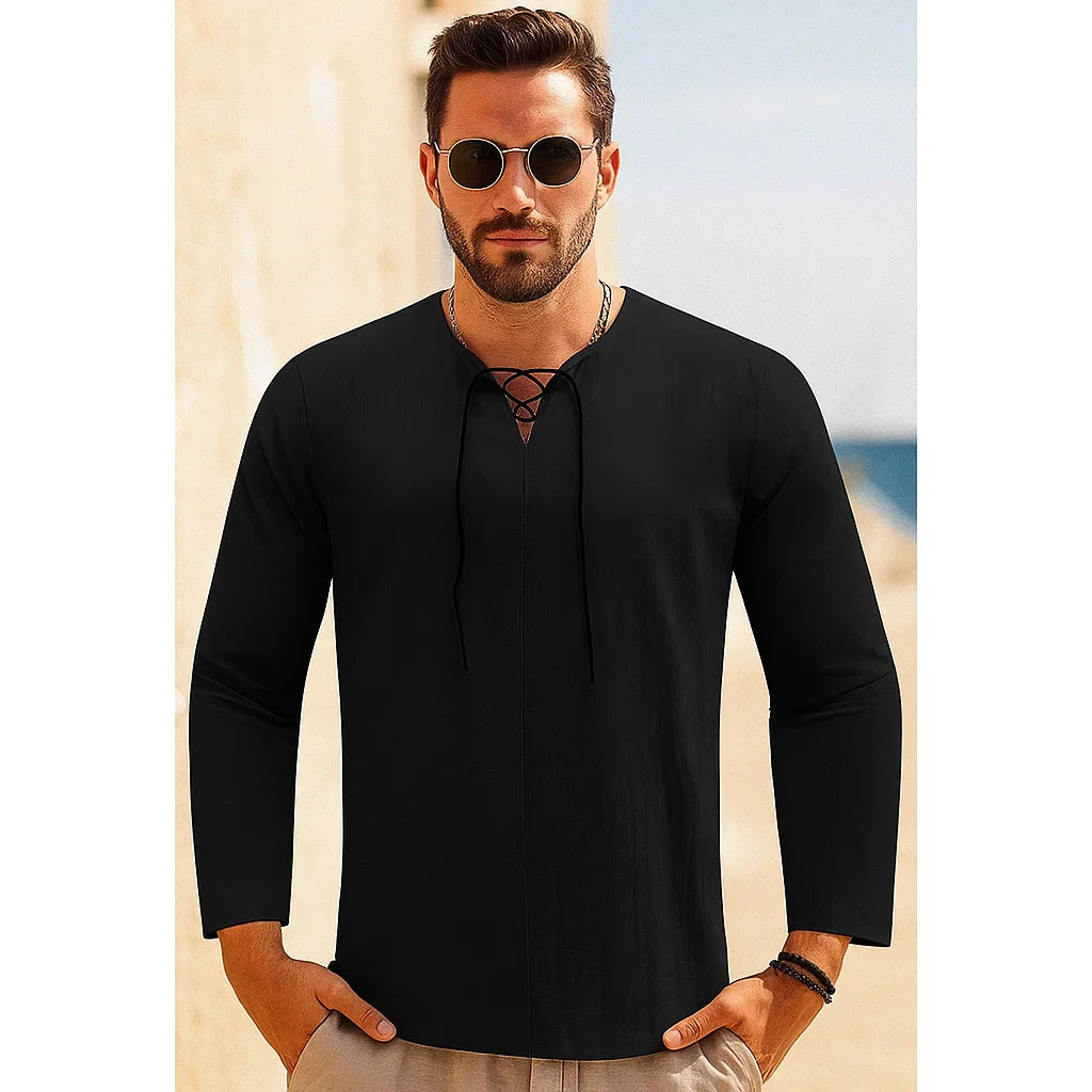 V-Neck Long-Sleeve Linen Shirt for Men