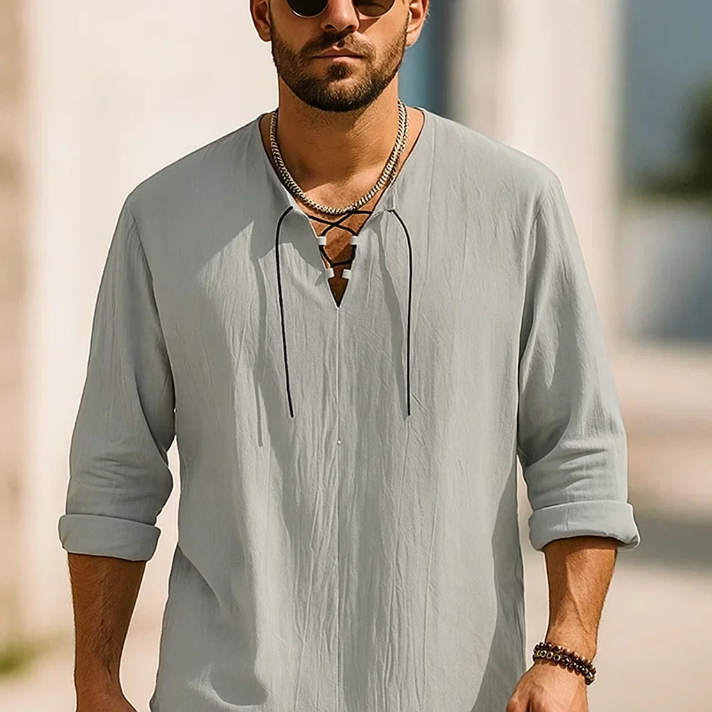 V-Neck Long-Sleeve Linen Shirt for Men