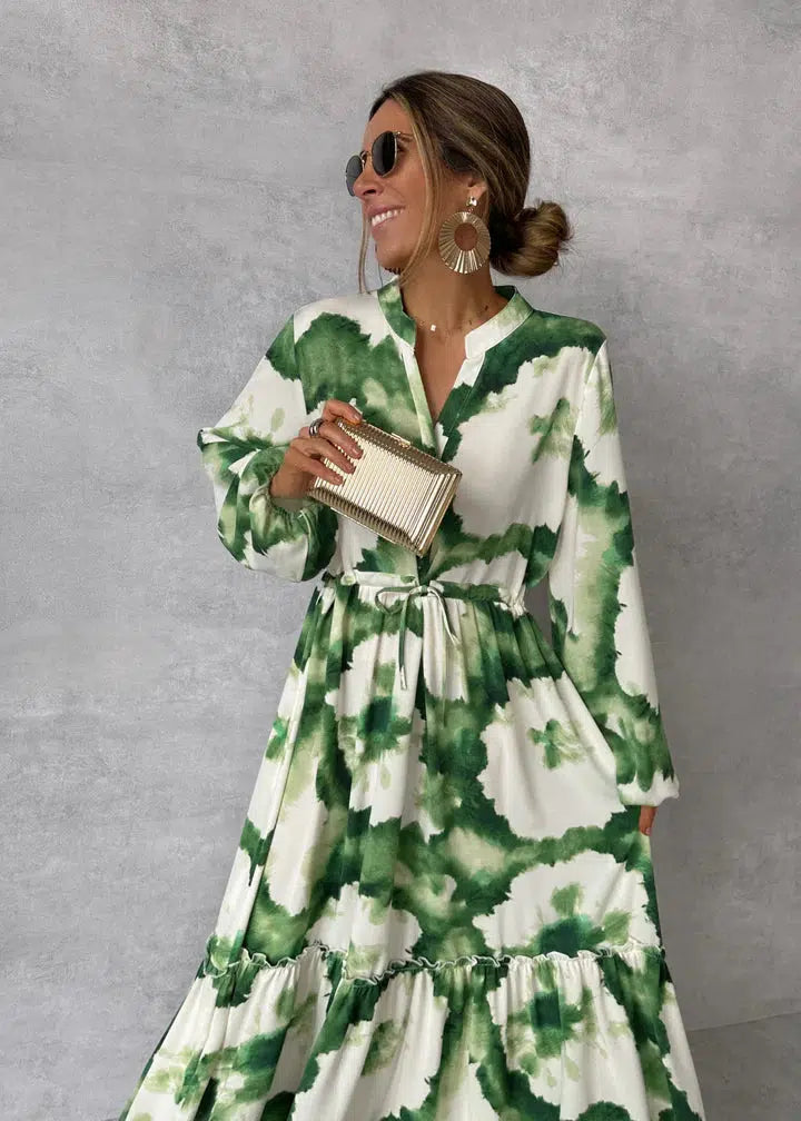 V-Neck Maxi Dress with Long Sleeves for Women