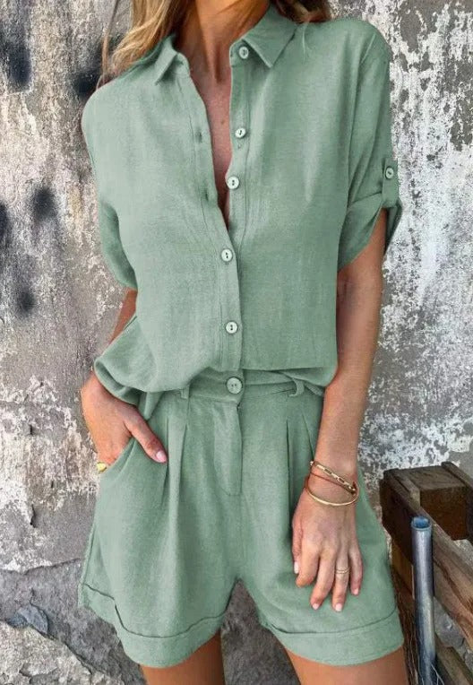 Matching Set – Woven Shorts & Button-Up Shirt in Women’s Fit