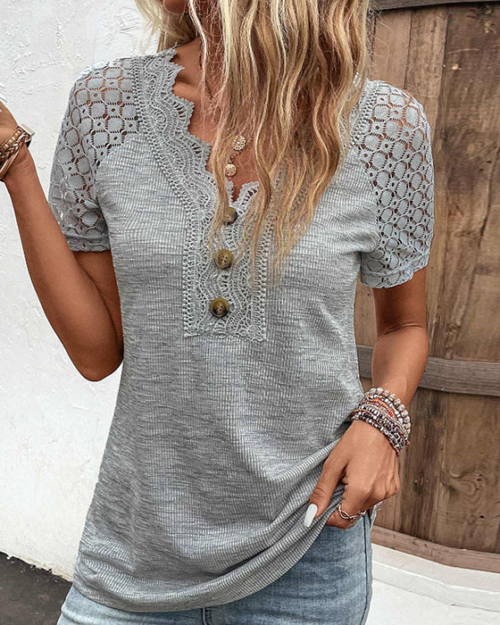 Textured Knit Top with Lace Details and Scalloped V-Neck – For Women