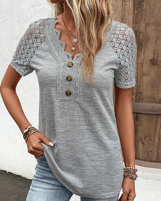 Textured Knit Top with Lace Details and Scalloped V-Neck – For Women