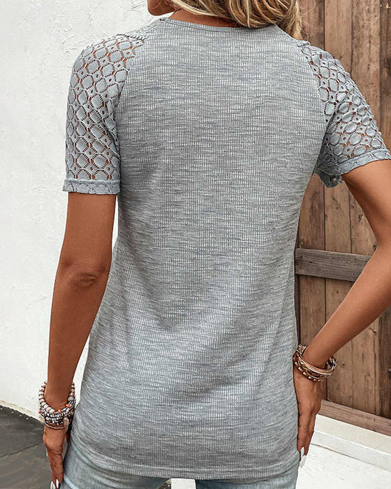 Textured Knit Top with Lace Details and Scalloped V-Neck – For Women