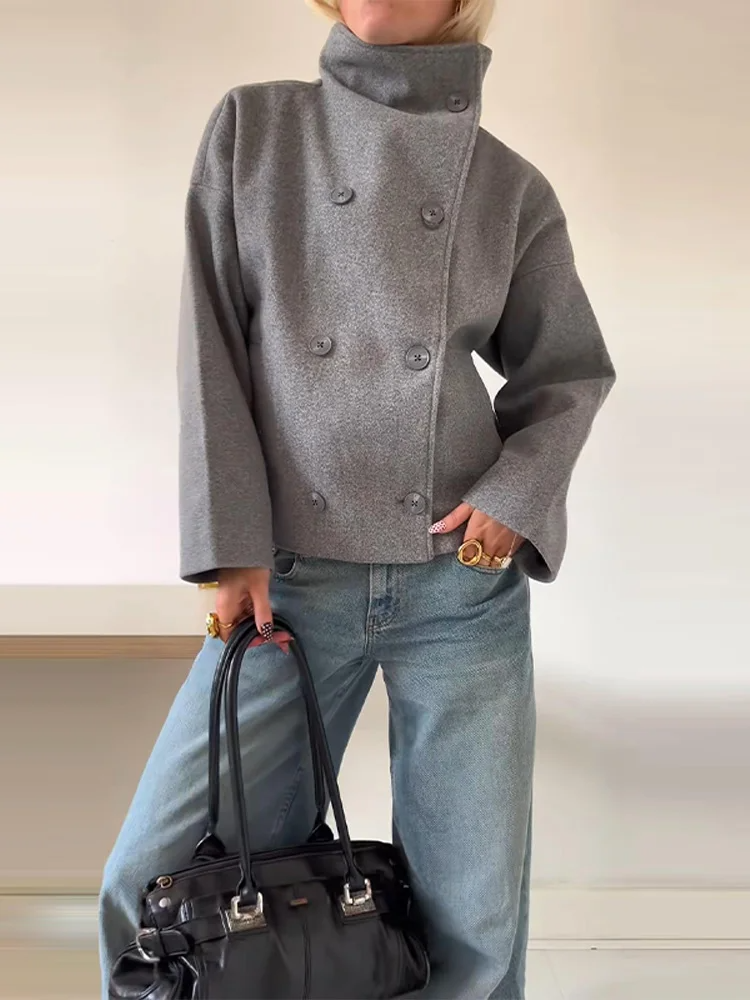 Léa - Women's Wool Blend Coat with High Collar and Double-Breasted Fastening