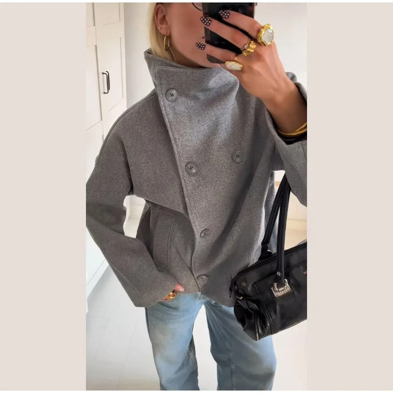 Léa - Women's Wool Blend Coat with High Collar and Double-Breasted Fastening