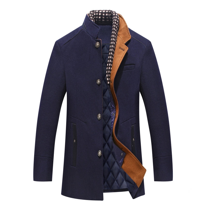 Wool Blend Quilted Coat with Collar for Men
