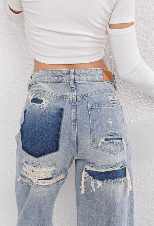 Inès - High-Waisted Vintage Jeans with Faded Effects and Rips