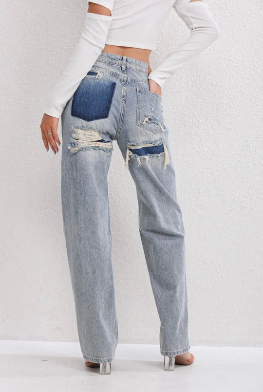Inès - High-Waisted Vintage Jeans with Faded Effects and Rips