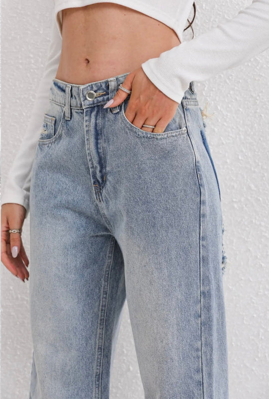Inès - High-Waisted Vintage Jeans with Faded Effects and Rips