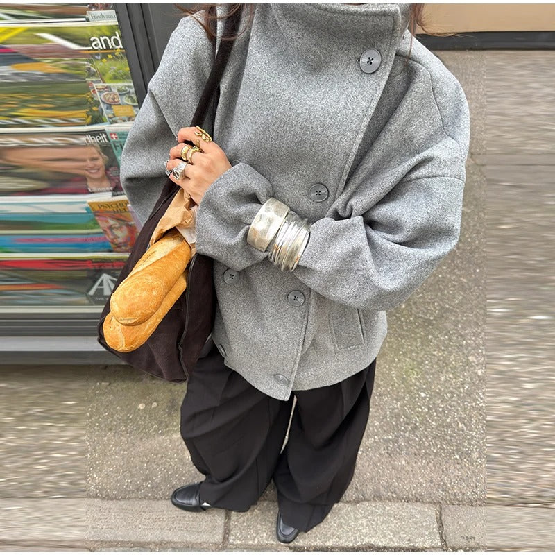 Léa - Women's Wool Blend Coat with High Collar and Double-Breasted Fastening