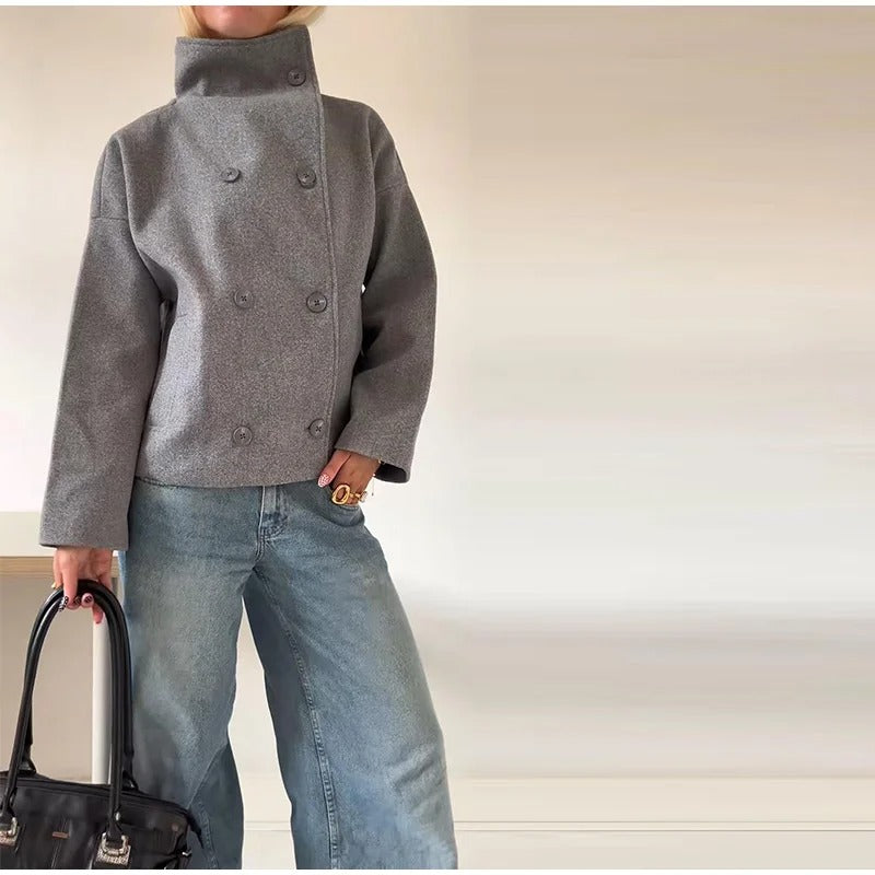 Léa - Women's Wool Blend Coat with High Collar and Double-Breasted Fastening