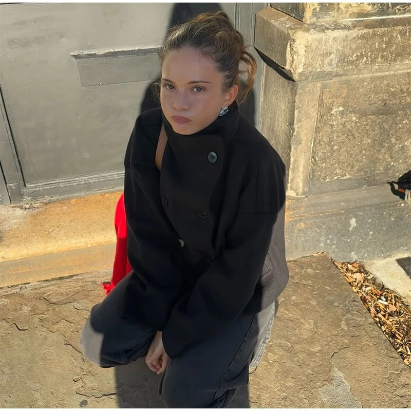 Léa - Women's Wool Blend Coat with High Collar and Double-Breasted Fastening