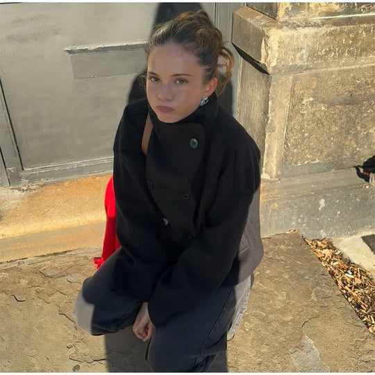 Léa - Women's Wool Blend Coat with High Collar and Double-Breasted Fastening