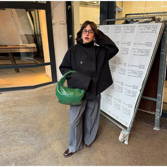 Léa - Women's Wool Blend Coat with High Collar and Double-Breasted Fastening