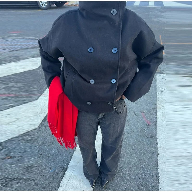 Léa - Women's Wool Blend Coat with High Collar and Double-Breasted Fastening